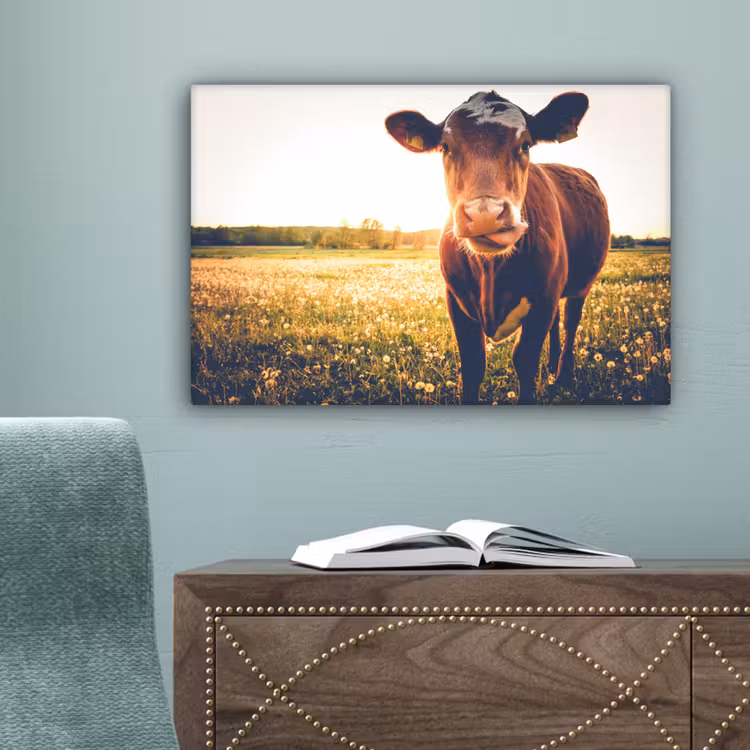 Koe - Zonsondergang - Bloemen - Gras - Dieren canvas 2cm klein -sfeer4