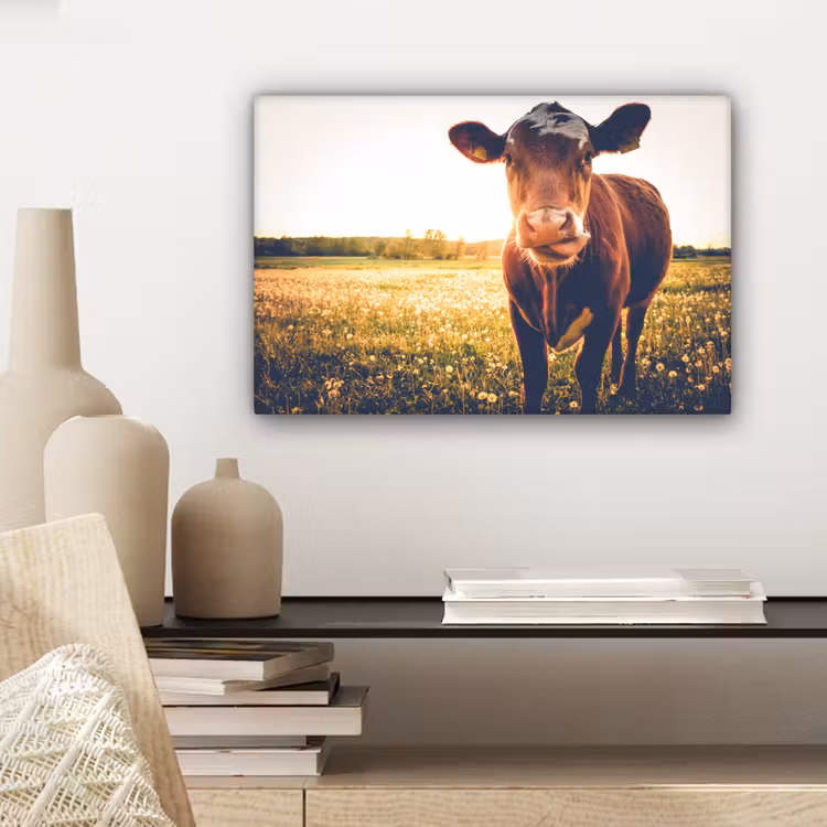 Koe - Zonsondergang - Bloemen - Gras - Dieren canvas 2cm klein -sfeer6