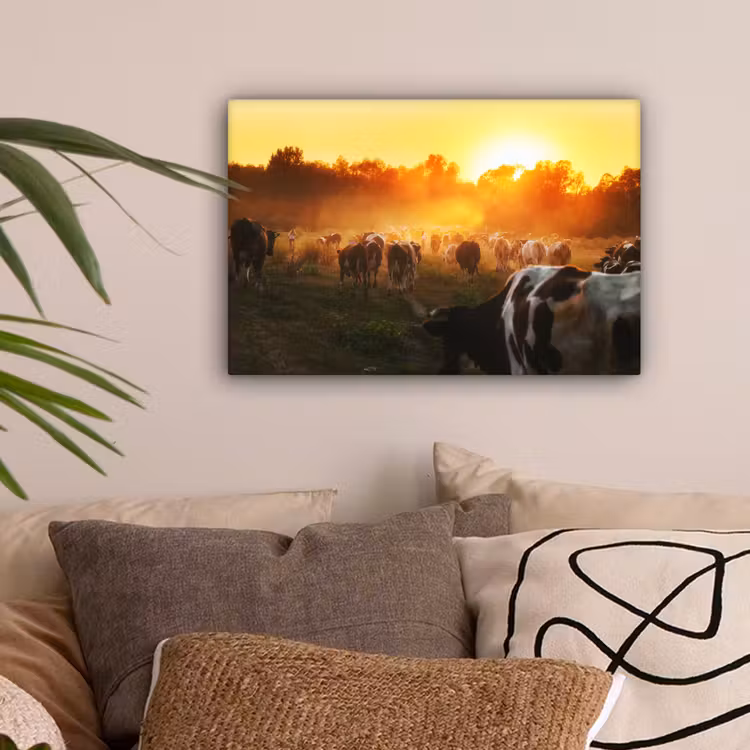 Koeien - Zonsondergang - Weiland - Dieren canvas 2cm klein -sfeer1