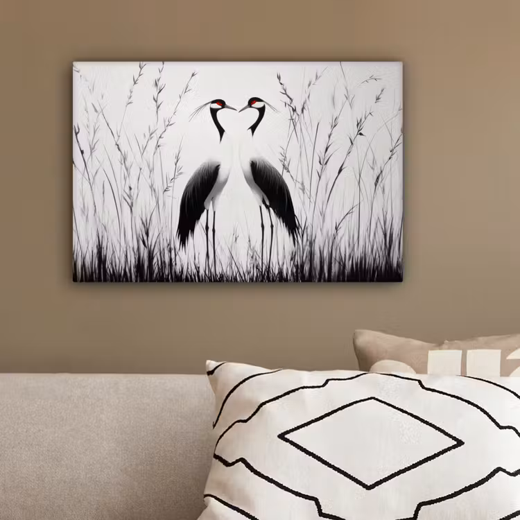 Kraanvogels - Gras - Hartvorm - Zwart canvas 2cm klein -sfeer3