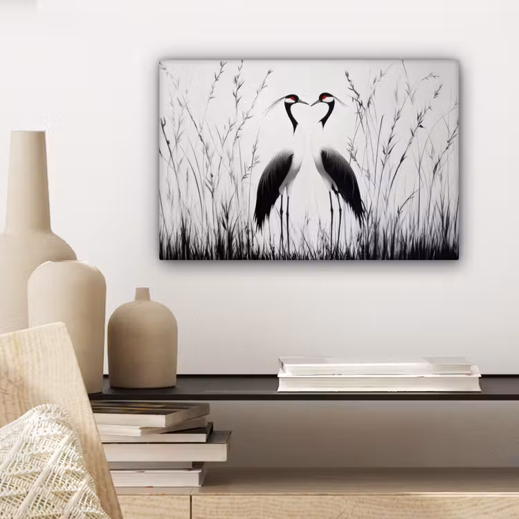 Kraanvogels - Gras - Hartvorm - Zwart canvas 2cm klein -sfeer6