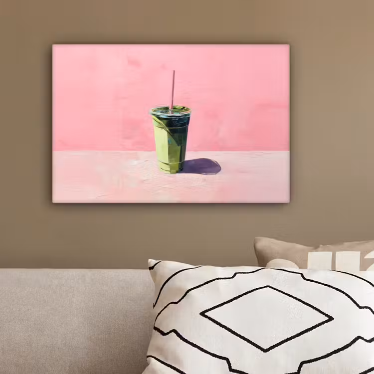 Beker - Rietje - Minimalistisch - Groen canvas 2cm klein -sfeer3