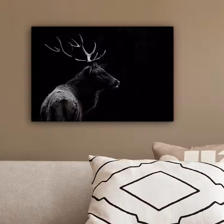 Hert - Zwart - Portret - Gewei - Dieren canvas 2cm klein -sfeer3