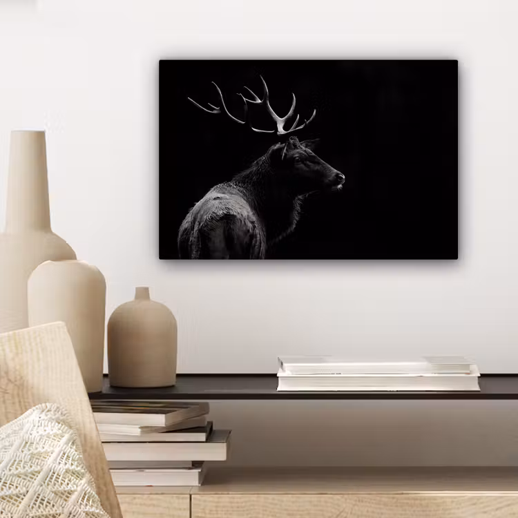 Hert - Zwart - Portret - Gewei - Dieren canvas 2cm klein -sfeer6