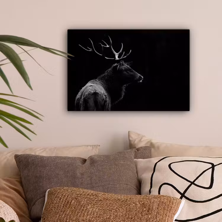 Hert - Zwart - Portret - Gewei - Dieren canvas 2cm klein -sfeer1