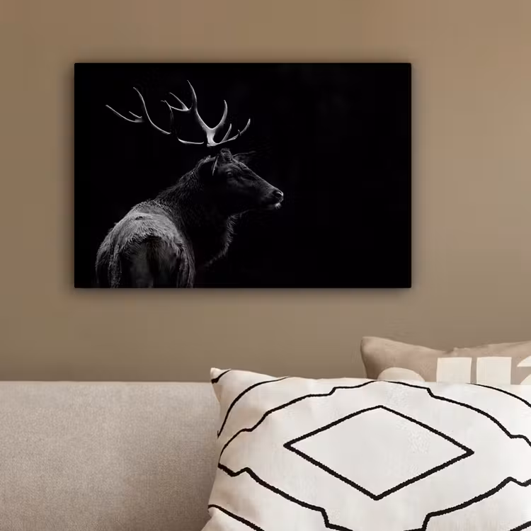 Hert - Zwart - Portret - Gewei - Dieren canvas 2cm klein -sfeer3