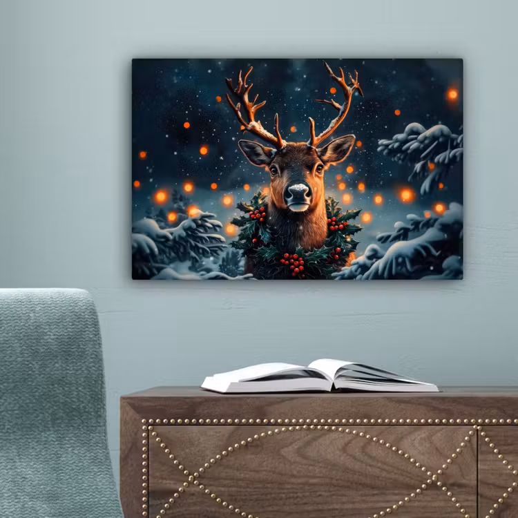 Hert - Kerst - Winter - Sneeuw - Kerstkrans canvas 2cm klein -sfeer4