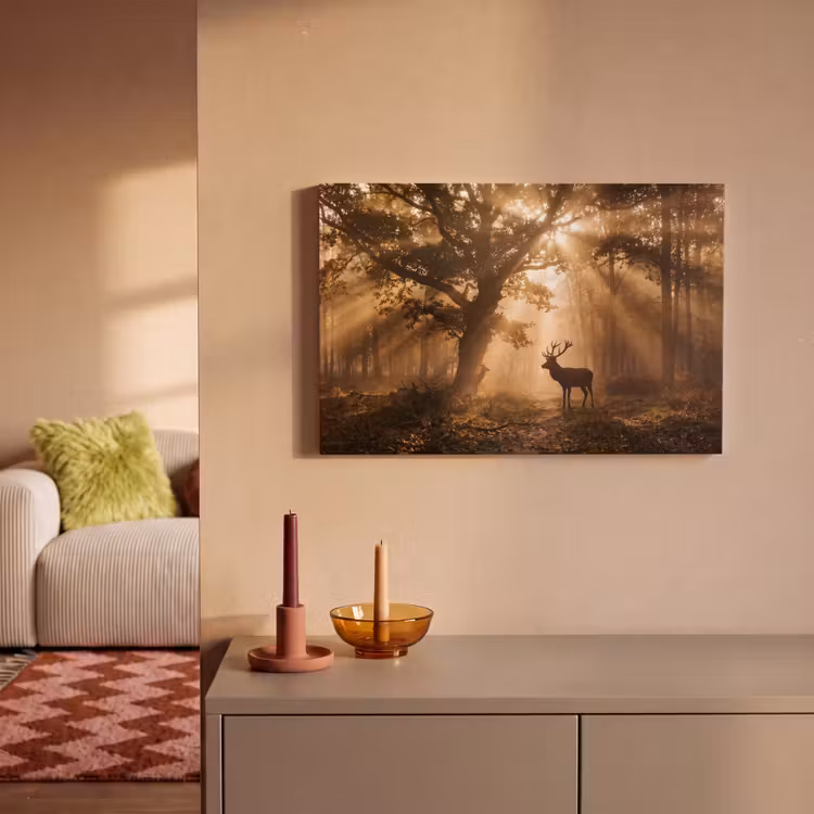 Hert - Bos - Mistig - Natuur - Goud canvas 2cm klein -sfeer1
