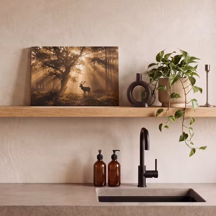Hert - Bos - Mistig - Natuur - Goud canvas 2cm klein -sfeer3