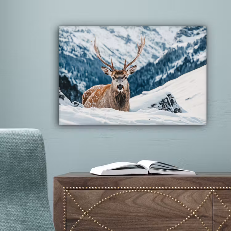 Hert - Landschap - Winter - Natuur - Dieren - Bergen canvas 2cm klein -sfeer4