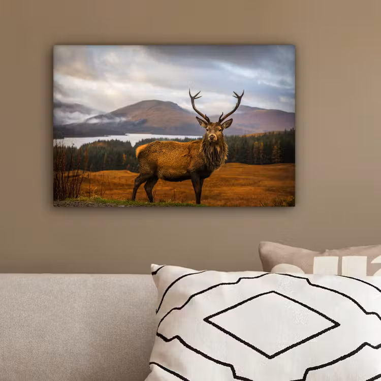 Hert - Berg - Water - Landschap - Dieren - Bomen canvas 2cm klein -sfeer3
