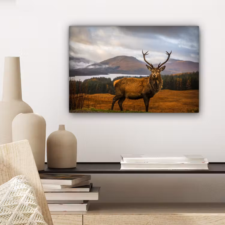 Hert - Berg - Water - Landschap - Dieren - Bomen canvas 2cm klein -sfeer6