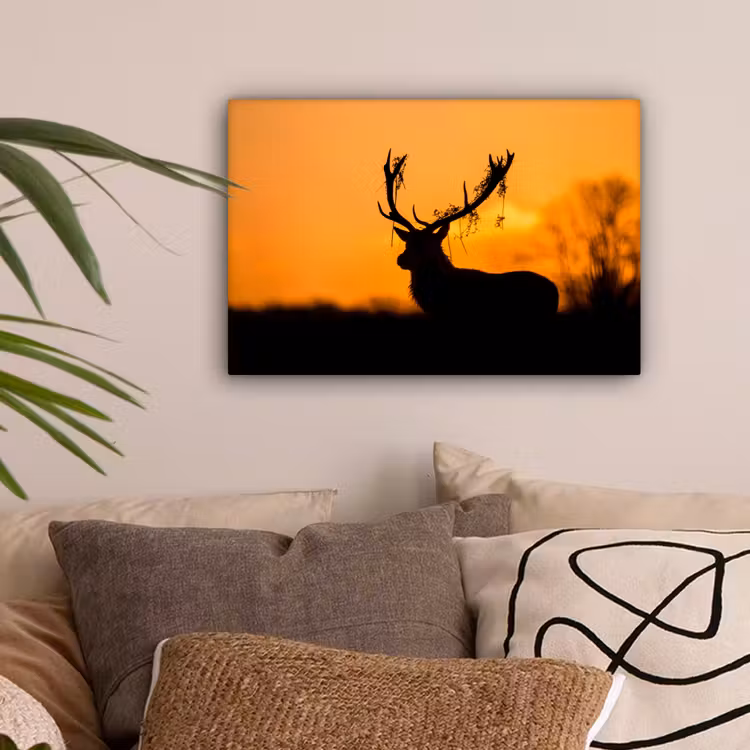 Hert - Oranje - Silhouet - Dieren - Natuur canvas 2cm klein -sfeer1