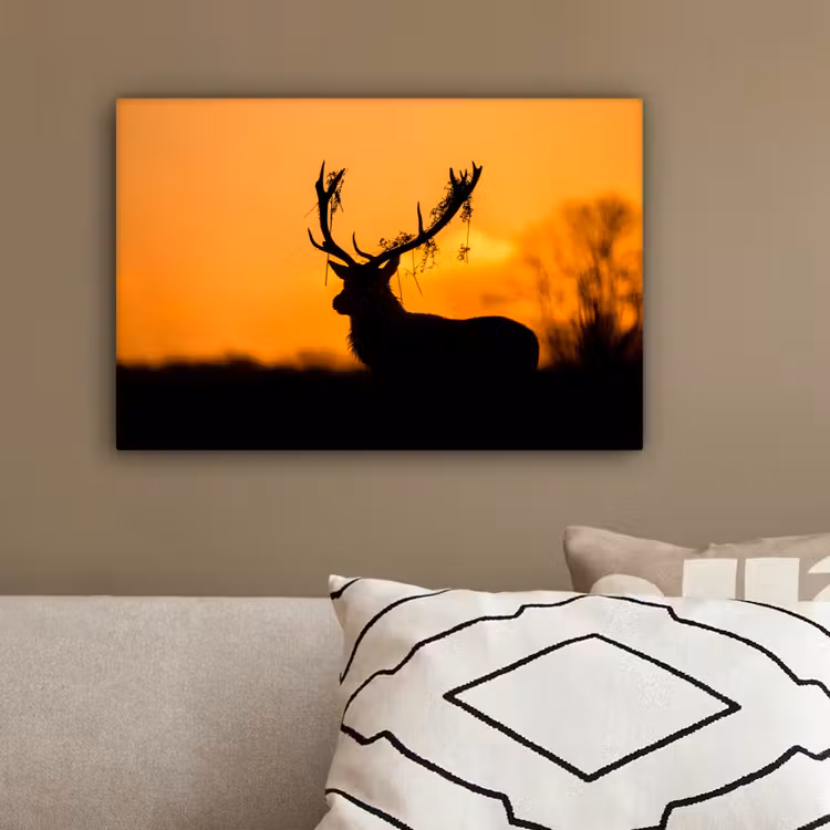 Hert - Oranje - Silhouet - Dieren - Natuur canvas 2cm klein -sfeer3