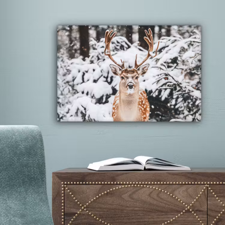 Hert - Sneeuw - Winter - Bos - Dieren canvas 2cm klein -sfeer4