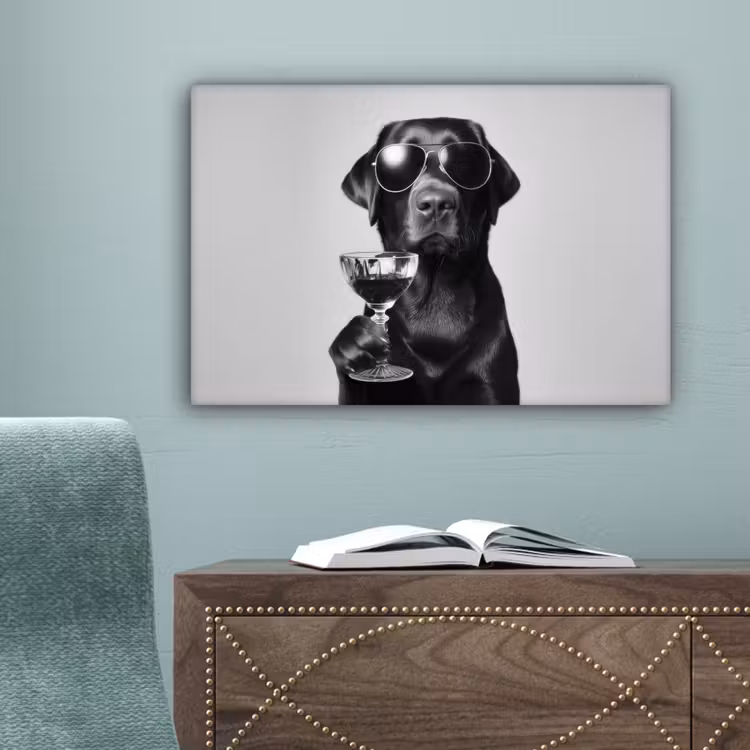 Hond - Zwart - Wijnglas - Zonnebril canvas 2cm klein -sfeer4