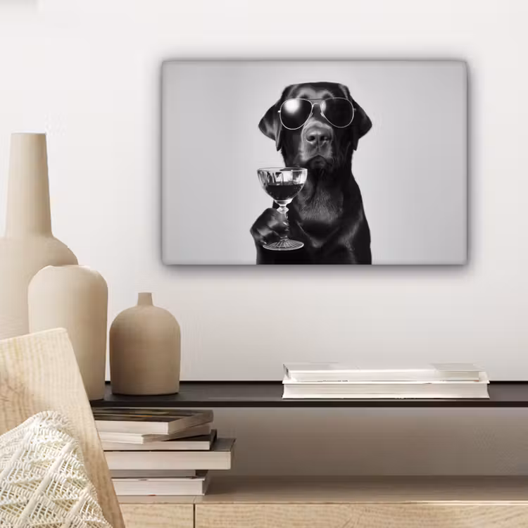 Hond - Zwart - Wijnglas - Zonnebril canvas 2cm klein -sfeer6
