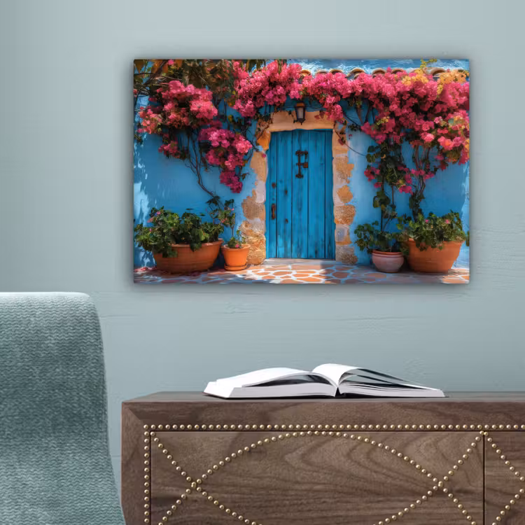 Deur - Hout - Bloemen - Blauw canvas 2cm klein -sfeer4