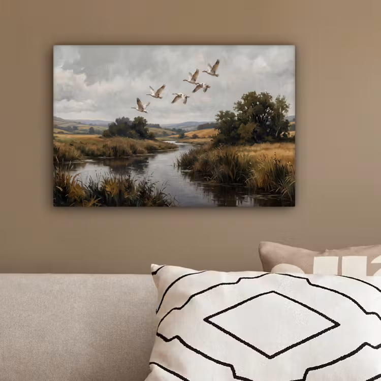 Eenden - Rivier - Landschap - Vlucht - Nostalgisch canvas 2cm klein -sfeer3