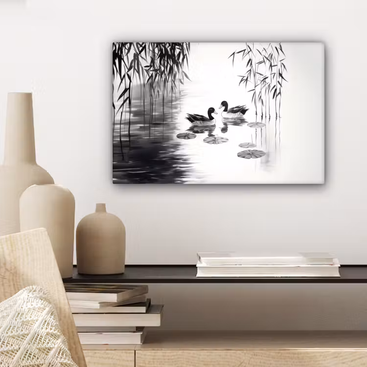 Eenden - Waterlelies - Riet - Zwart canvas 2cm klein -sfeer6