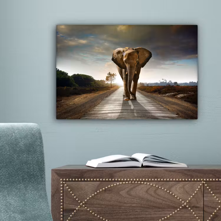 Olifant - Weg - Dieren - Zonsondergang - Landschap canvas 2cm klein -sfeer4