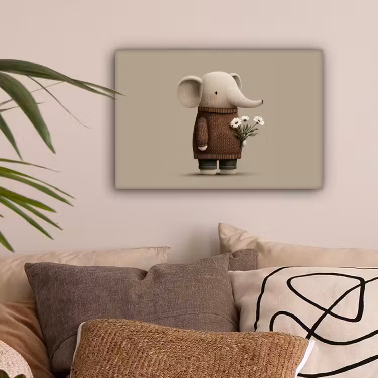 Olifant - Witte bloemen - Kindvriendelijk canvas 2cm klein -sfeer1