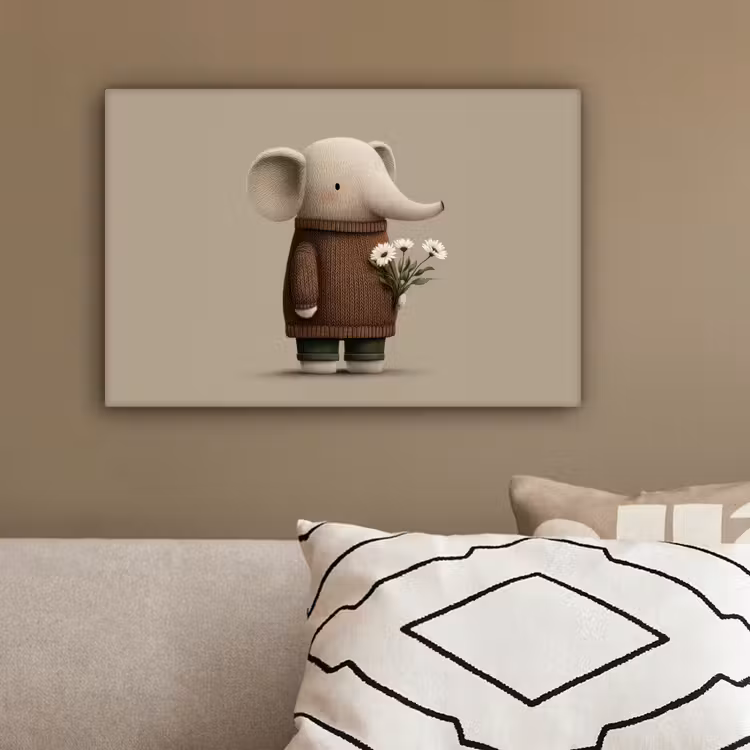 Olifant - Witte bloemen - Kindvriendelijk canvas 2cm klein -sfeer3
