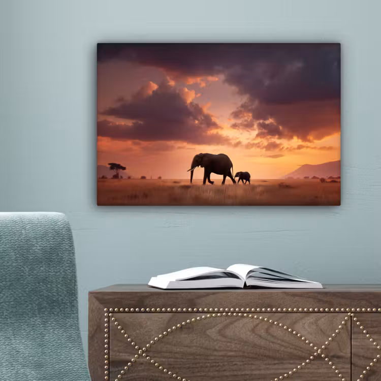 Olifanten - Grasland - Zonsondergang canvas 2cm klein -sfeer4