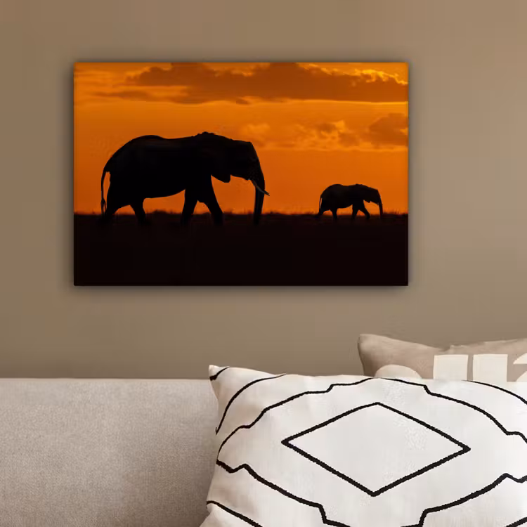 Olifanten - Savanne - Zonsondergang canvas 2cm klein -sfeer3