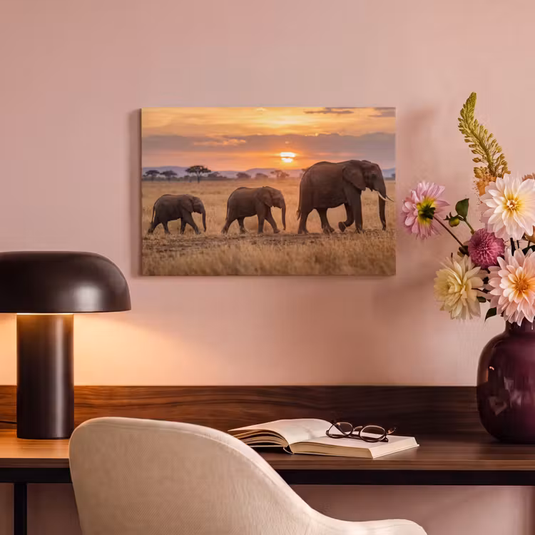 Olifanten - Savanne - Zonsondergang - Afrika - Warm canvas 2cm klein -sfeer4