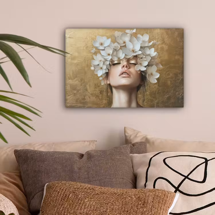 Gezicht - Bloemen - Goud - Abstract canvas 2cm klein -sfeer1