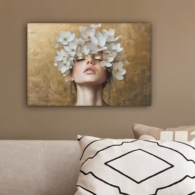 Gezicht - Bloemen - Goud - Abstract canvas 2cm klein -sfeer3