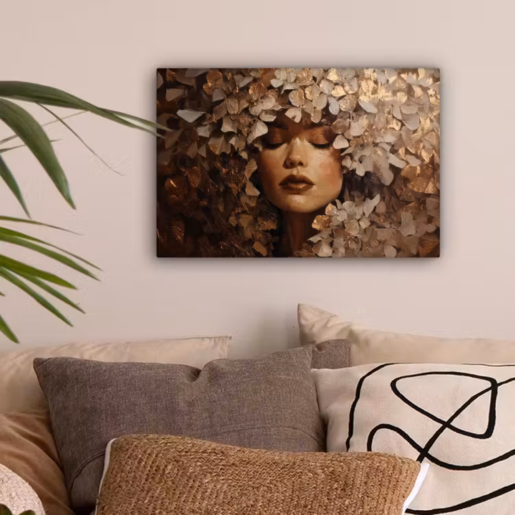 Gezicht - Vrouwe - Bladeren - Penseelstreken canvas 2cm klein -sfeer1