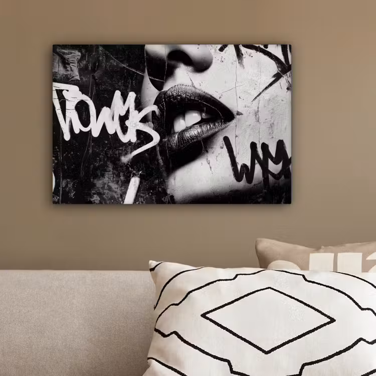Gezicht - Mond - Graffiti - Zwart canvas 2cm klein -sfeer3