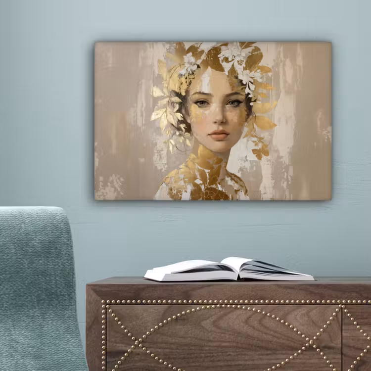 Gezicht - Vrouw - Bladeren - Goud canvas 2cm klein -sfeer4