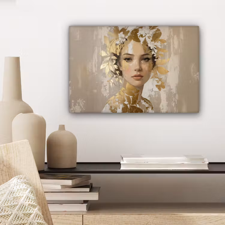 Gezicht - Vrouw - Bladeren - Goud canvas 2cm klein -sfeer6