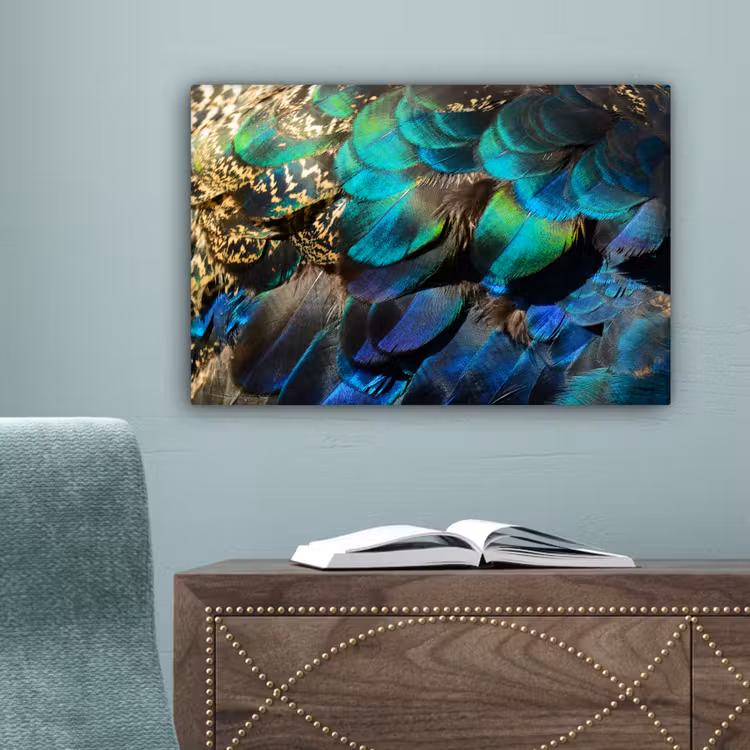 Veren - Pauwveren - Pauw - Blauw - Kunst canvas 2cm klein -sfeer4