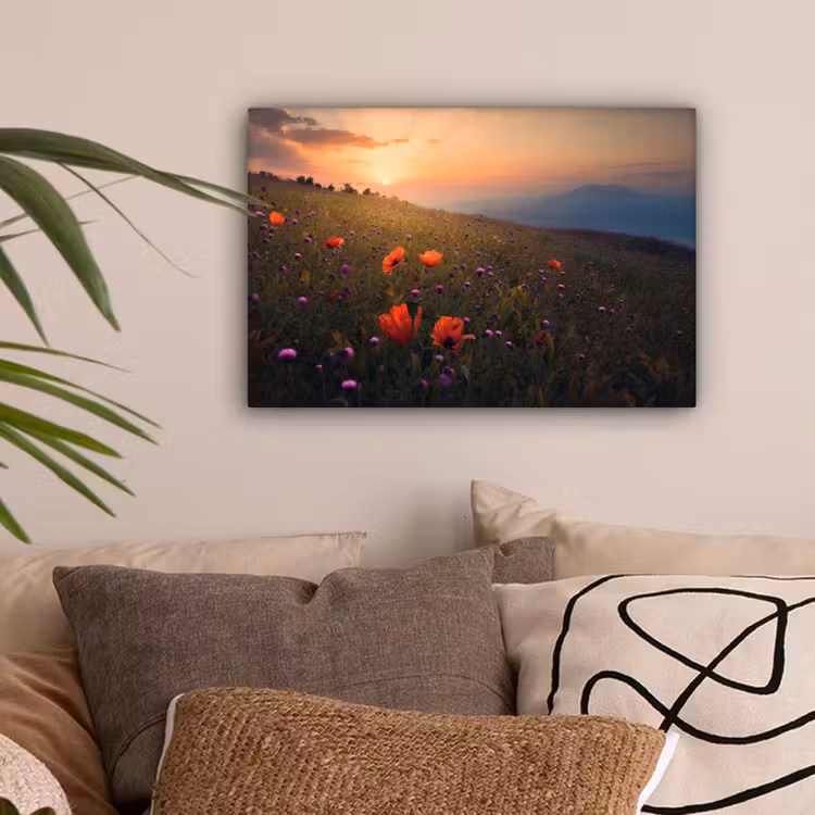 Bloemenveld - Gras - Bloemen - Planten - Zonsondergang - Oranje canvas 2cm klein -sfeer1