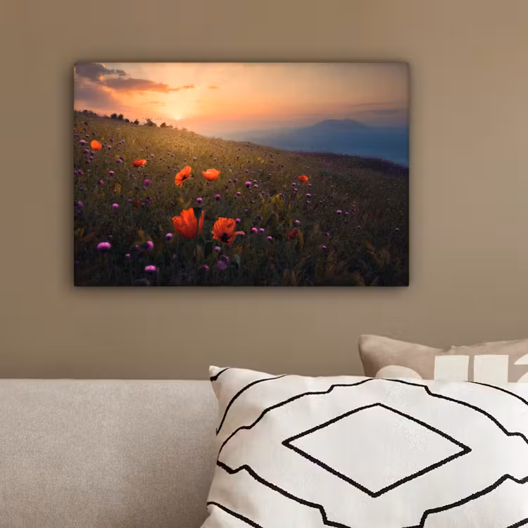 Bloemenveld - Gras - Bloemen - Planten - Zonsondergang - Oranje canvas 2cm klein -sfeer3