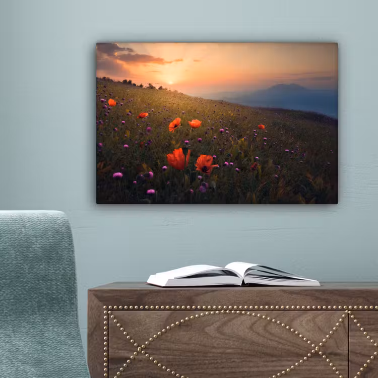 Bloemenveld - Gras - Bloemen - Planten - Zonsondergang - Oranje canvas 2cm klein -sfeer4