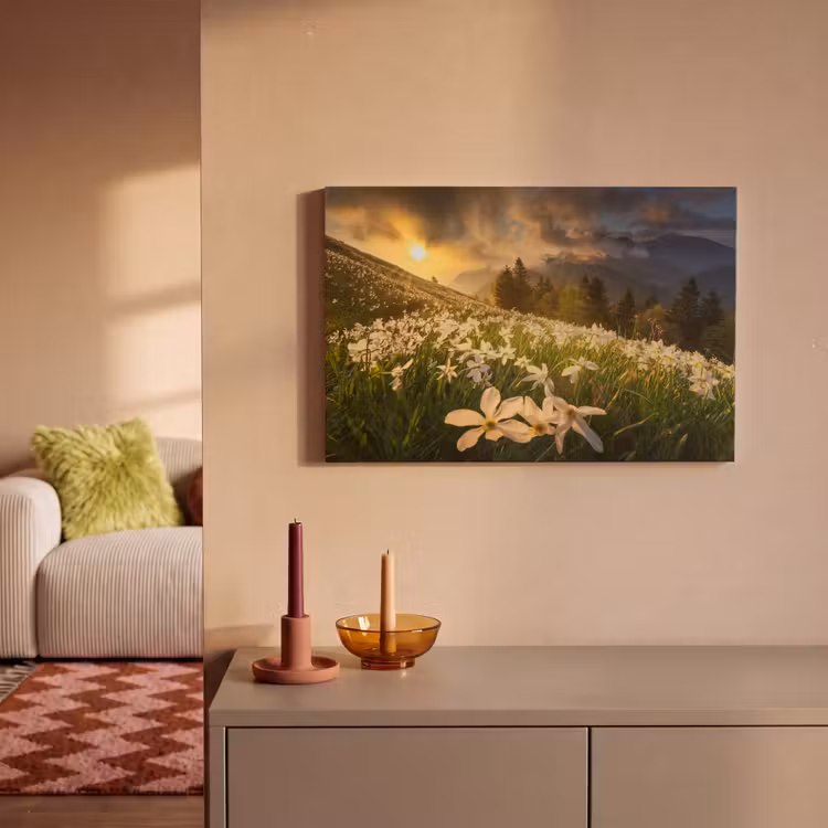 Bloemenveld - Heuvels - Zonsondergang - Berg - Natuur - Wit - Heuvels canvas 2cm klein -sfeer1