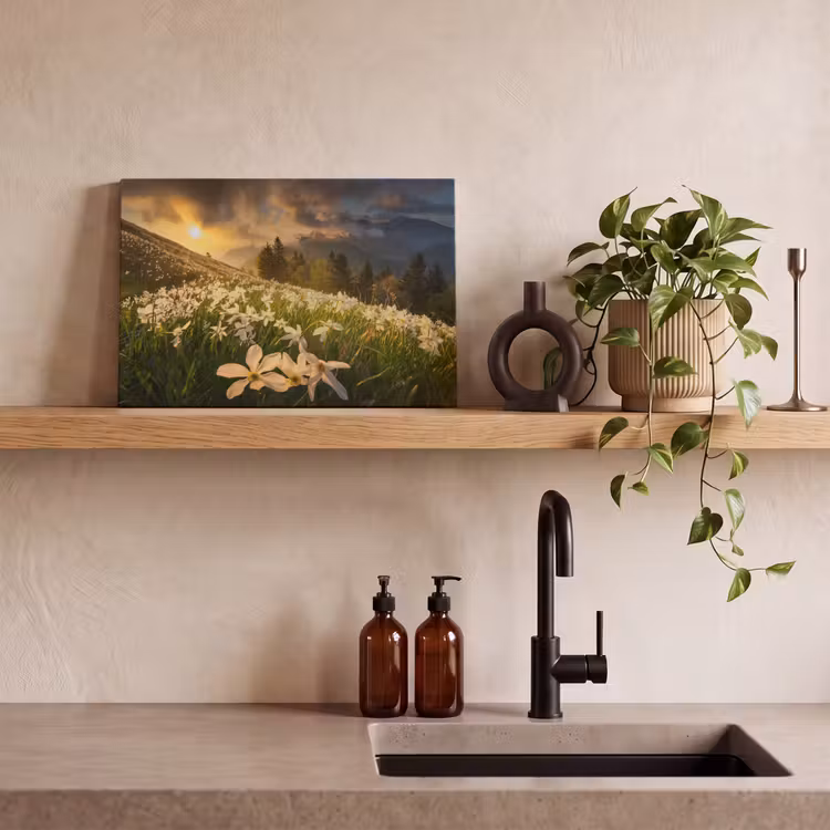 Bloemenveld - Heuvels - Zonsondergang - Berg - Natuur - Wit - Heuvels canvas 2cm klein -sfeer3