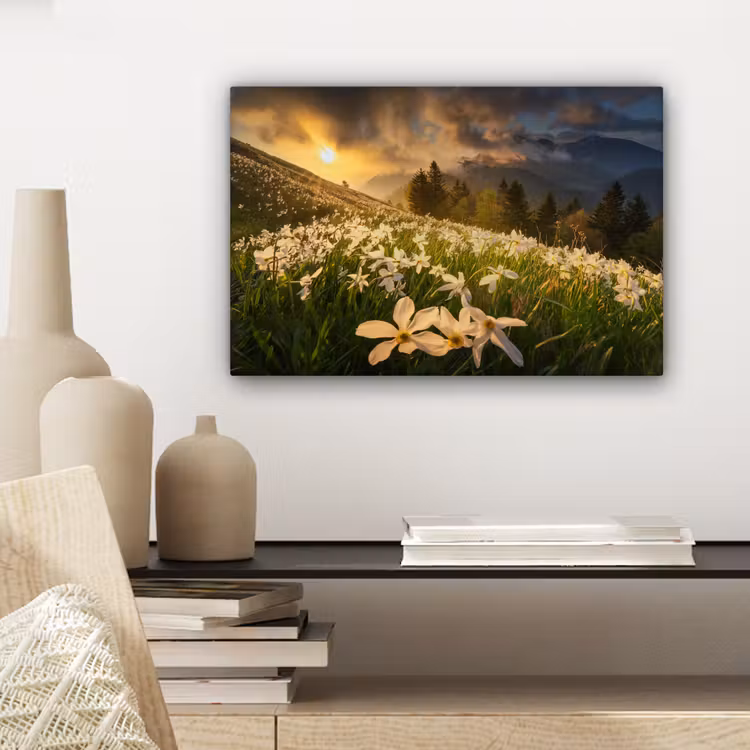 Bloemenveld - Heuvels - Zonsondergang - Berg - Natuur - Wit - Heuvels canvas 2cm klein -sfeer6