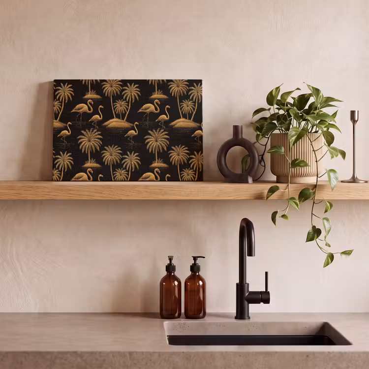 Flamingo - Palmbomen - Tropisch - Goud - Zwart canvas 2cm klein 34 -sfeer3