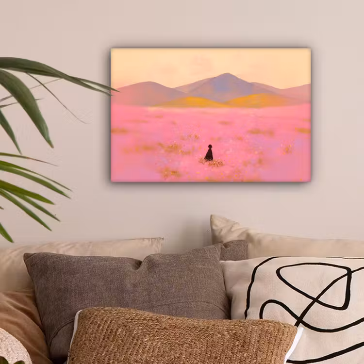 Bloemenweide - Heuvels - Silhouet - Roze canvas 2cm klein -sfeer1