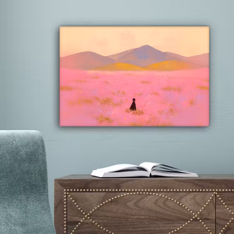 Bloemenweide - Heuvels - Silhouet - Roze canvas 2cm klein -sfeer4