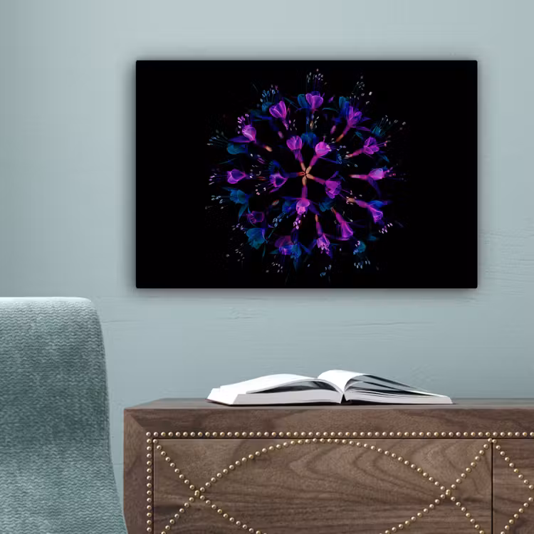 Bloem - Paars - Blauw - Macro - Zwart canvas 2cm klein -sfeer4