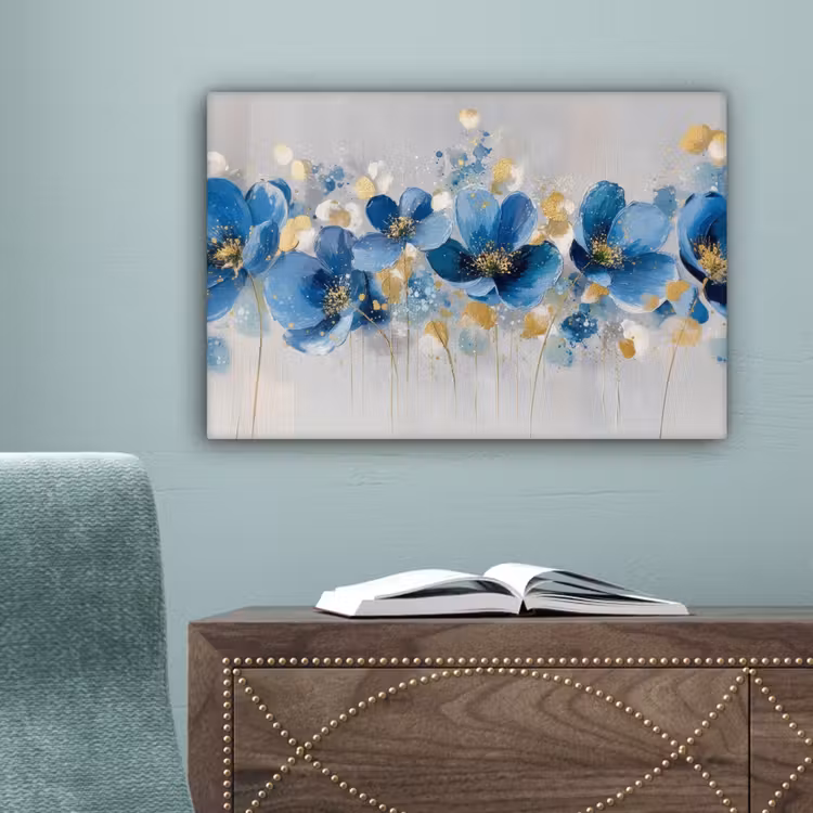 Bloemen - Blauw - Abstract canvas 2cm klein -sfeer4
