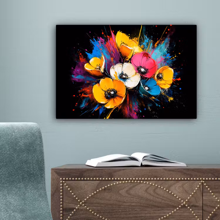 Bloemen - Kleurrijk - Graffiti - Modern - Boeket canvas 2cm klein -sfeer4