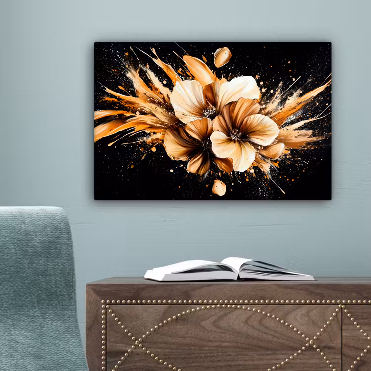 Bloemen - Goud - Graffiti - Zwart - Abstract canvas 2cm klein -sfeer4